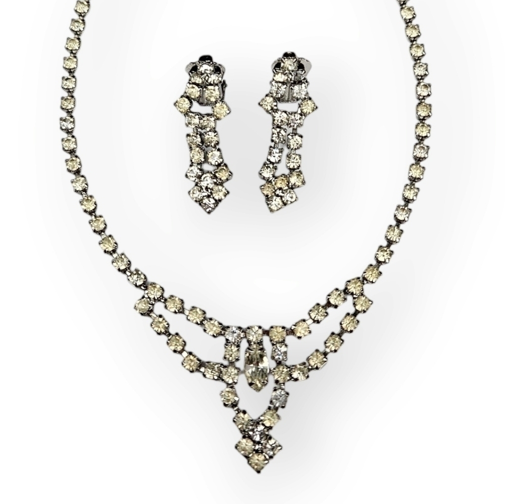 White Rhinestone Necklace Earrings Set Choker Clip On Dangle Mid Century Vintage